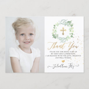 Invitación Agradecimiento de Comunión en Pastel de Eucalipto 