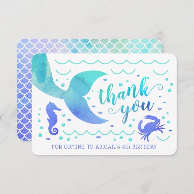Invitación Agradecimiento de Sirena bajo el Mar con Acuarela  (Anverso / Reverso)