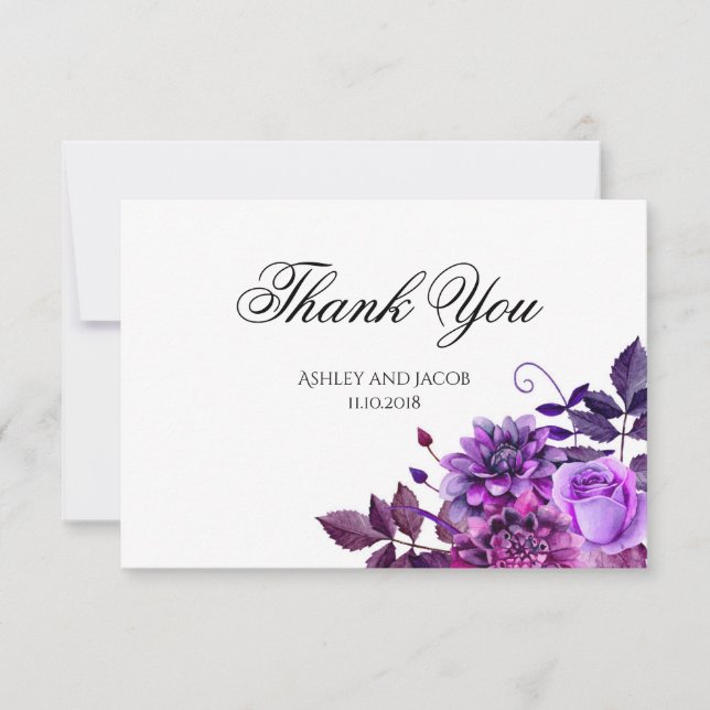 Invitación Agradecimiento floral. Nota de boda con flores púr (Anverso)
