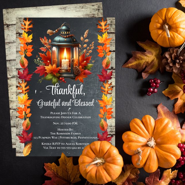 Invitación Agradecimiento y bendición para la cena de Acción  ("Thankful, Grateful and Blessed" Candlelit Lantern Thanksgiving Dinner Celebration Invitation)
