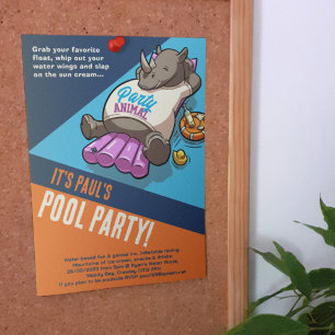 Invitación Agrega tu texto Fiesta Animal Rinoceronte Piscina 