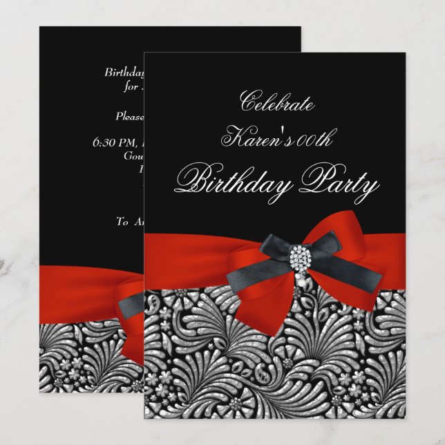 Invitación Agregar Edad Fiesta de Cumpleaños Rojo Damask Negr (Anverso / Reverso)
