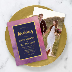 Invitación Agregar Foto Rosa Purpura Acuarela & Boda Dorada