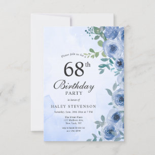 Invitación Agua Acuarela Azul Polvoriento Floral Chic 68 Cump
