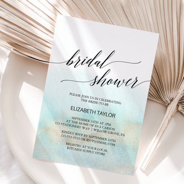 Invitación Agua acuática y dorada acuarela Beach Bridal Showe (Subido por el creador)