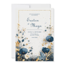 Agua Azul añil Acuarela Floral Dorado Elegante Bod