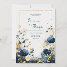 Invitación Agua Azul añil Acuarela Floral Dorado Elegante Bod