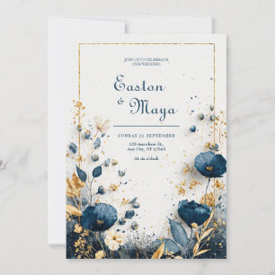 Invitación Agua Azul añil Acuarela Floral Dorado Elegante Bod