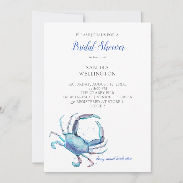 Invitación Agua Azul Cangrejo Corazón Ducha Bridal (Anverso)