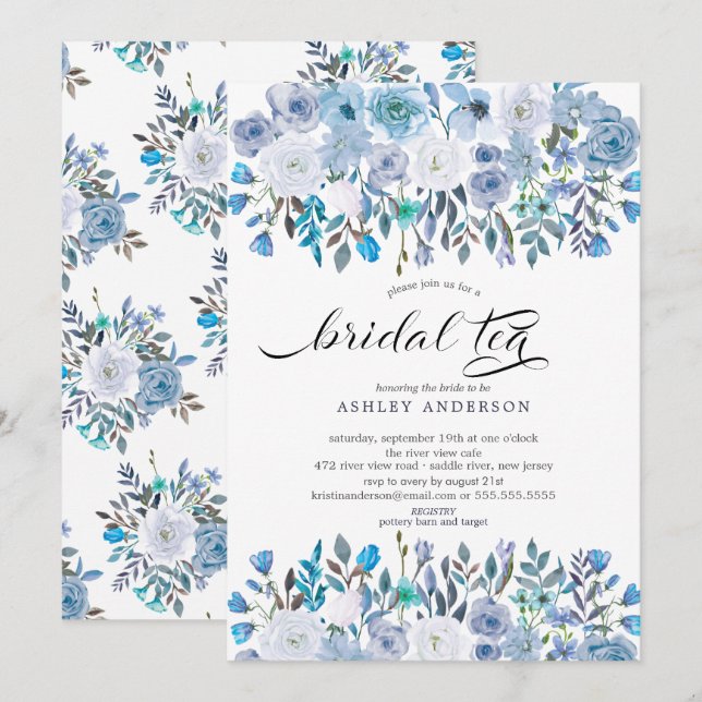Invitación Agua azul claro Floral azul Té de novia (Anverso / Reverso)