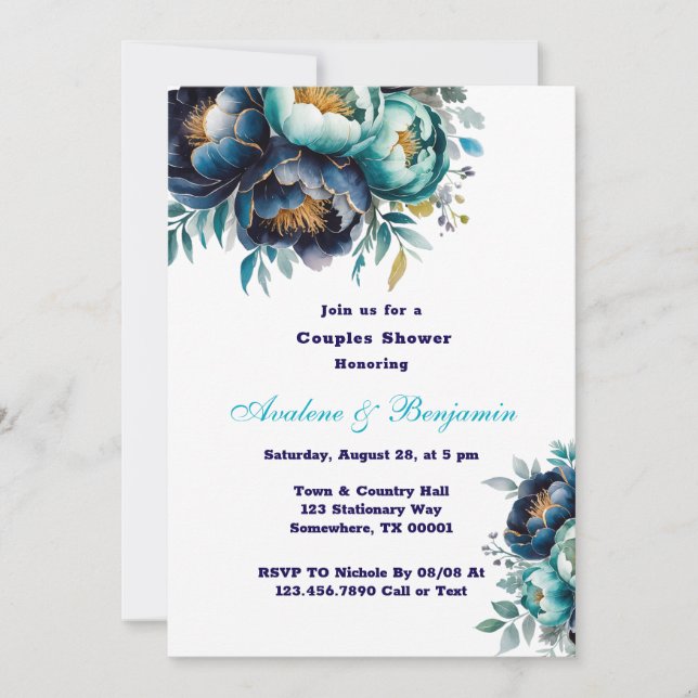 Invitación Agua azul de la marina verde azulada Peony Couples (Anverso)