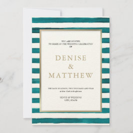 Invitación Agua Azul de Puerto Acuarela Raya y Letra Dorada