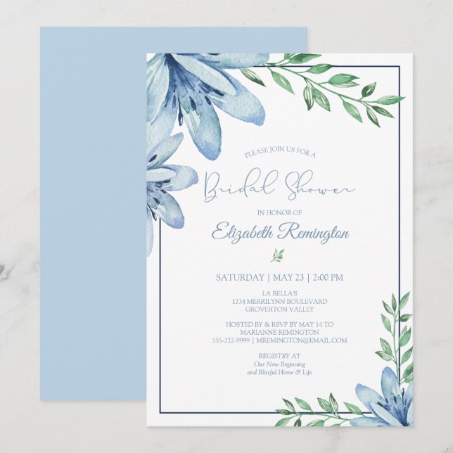 Invitación Agua azul Floral Floral Flores Ducha de novias (Anverso / Reverso)