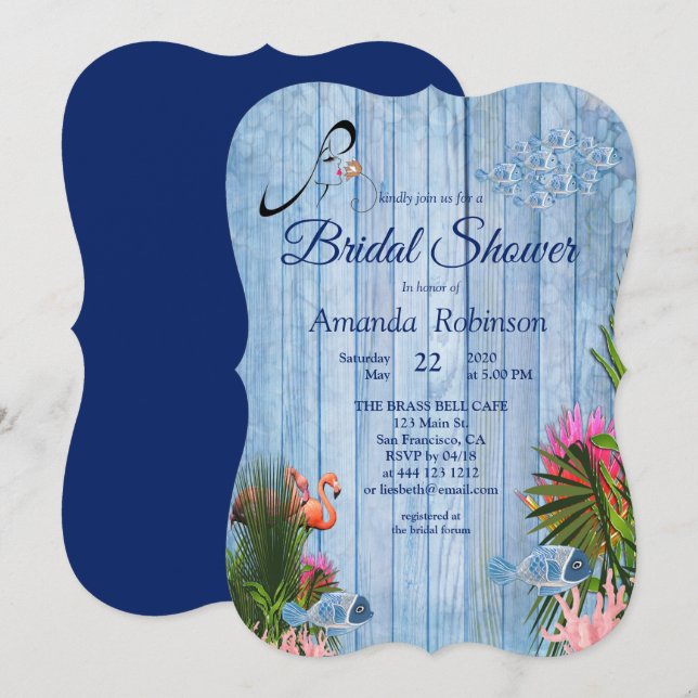 Invitación Agua azul guijarros y flamencos rosados Ducha de n (Anverso / Reverso)