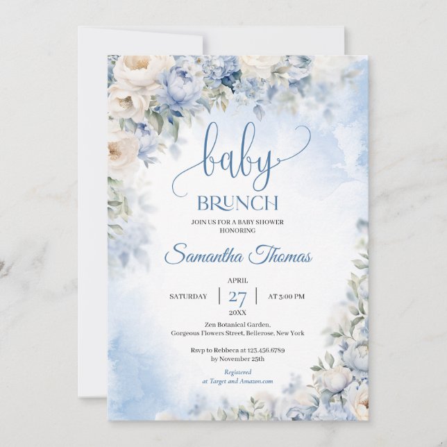 Invitación Agua azul hidrangea rosas blancas brunch bebé (Anverso)