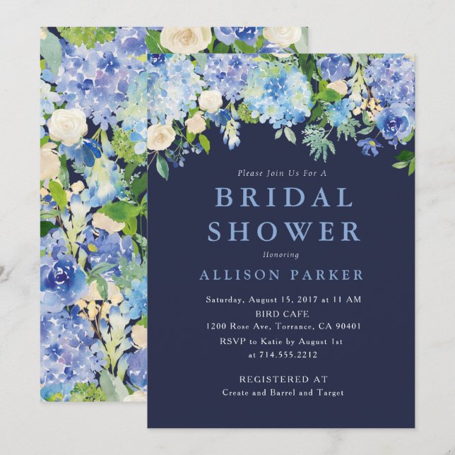 Invitación Agua azul marina hidrangea Bridal Shower (Anverso / Reverso)