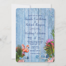 Invitación Agua azul Pebbles y Flamencos rosas