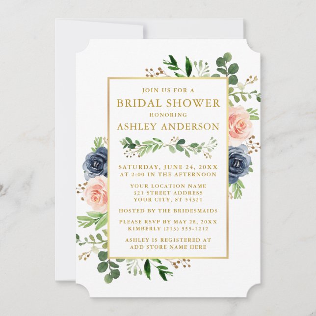 Invitación Agua azul rosa rosa rosa azul ducha de novia dorad (Anverso)