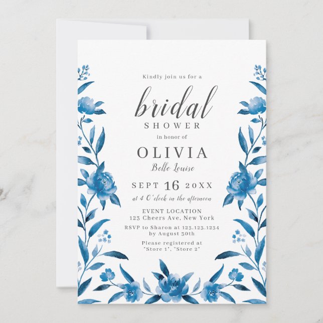 Invitación Agua azul y blanca con ducha de novia florida (Anverso)
