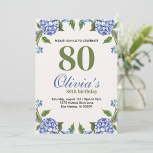 Invitación Agua Azul Y Verde Hydrangea 80 cumpleaños