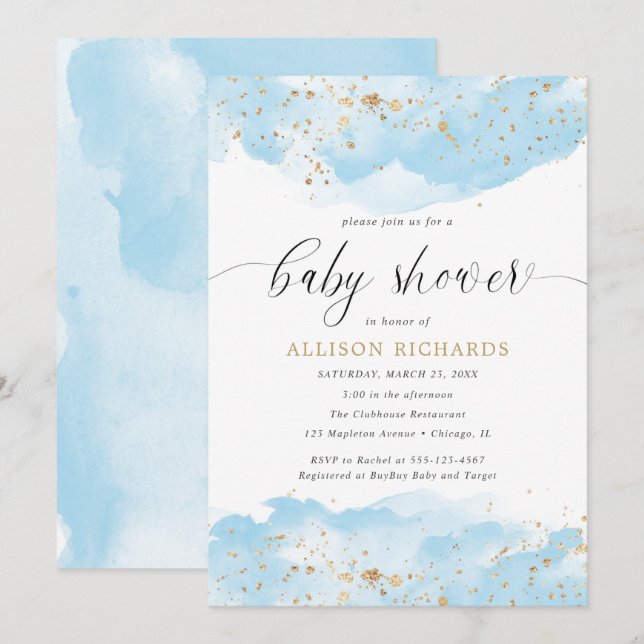 Invitación Agua bebé azul dorado blanco niño bebé (Anverso / Reverso)