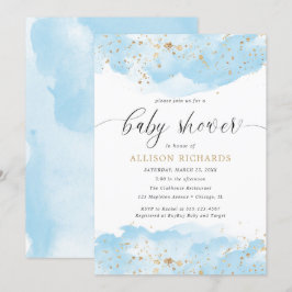 Invitación Agua bebé azul dorado blanco niño bebé