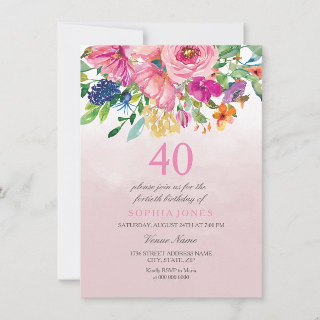 Invitación Agua botánica rosa Rubor 40 cumpleaños (Anverso)
