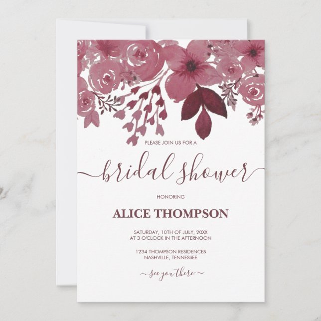 Invitación Agua Burgundy Floral Bridal Shower (Anverso)