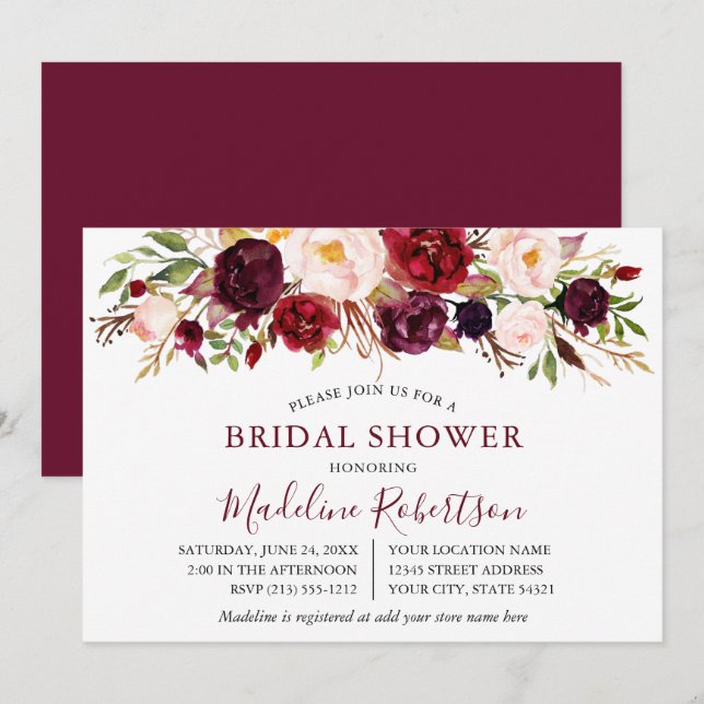 Invitación Agua Burgundy Floral Bridal Shower (Anverso / Reverso)