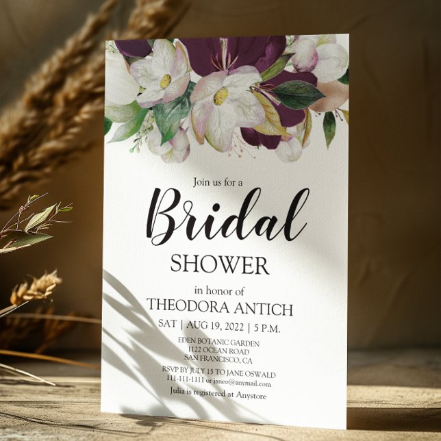 Invitación Agua Burgundy Floral Bridal Shower (Subido por el creador)
