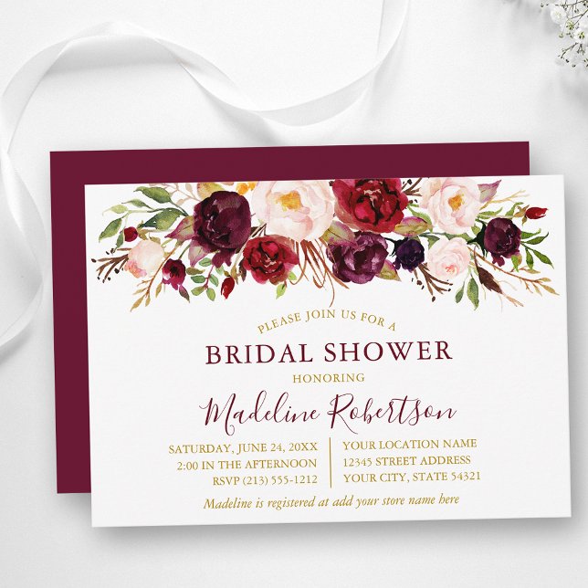 Invitación Agua Burgundy Floral Gold Bridal Ducha (Customize to change text color, text style or color of back of card.)