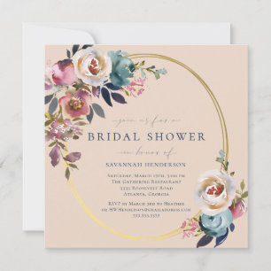 Invitación Agua color rosa azul dorado floral ducha de novia