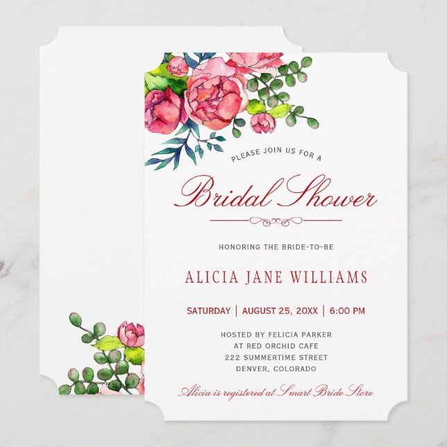 Invitación Agua color rosa rojo caligrafía ducha de novia (Anverso / Reverso)
