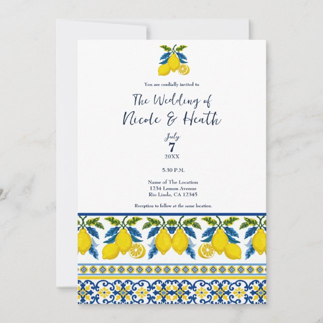 Invitación Agua de Acuarela Amarilla Azul Mediterráneo Boda (Anverso)