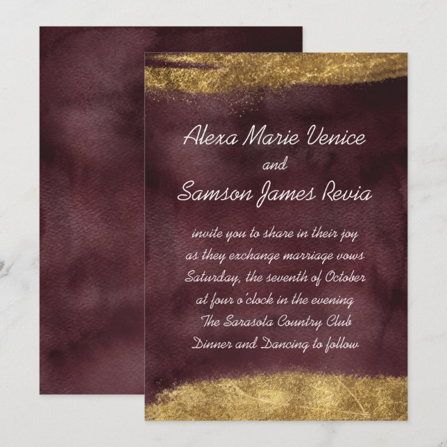 Invitación Agua de Borgoña con oro (Anverso / Reverso)