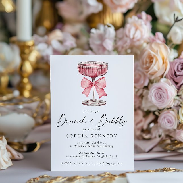 Invitación Agua de Brunch y burbuja Champán Ducha de novias (Brunch and Bubbly Watercolor Pink Champagne Bridal Shower Invitation )