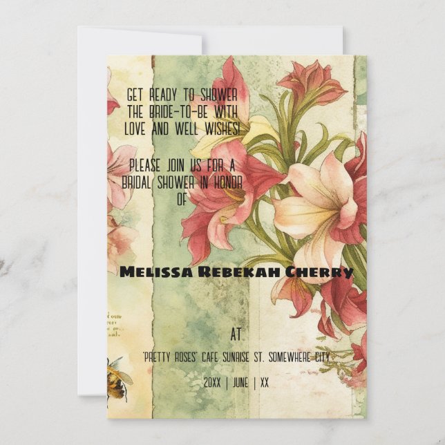 Invitación Agua de Ephemera Amaryllis Ducha Bridal (Anverso)