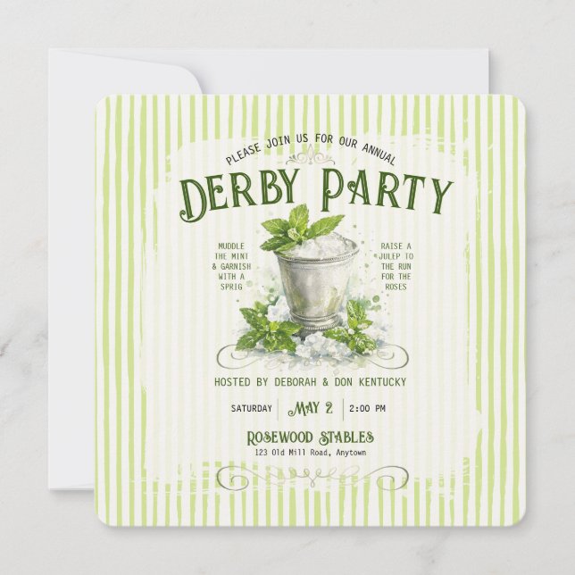 Invitación Agua de Fiesta Moderna de Derby Acuarela Mint Jule (Anverso)