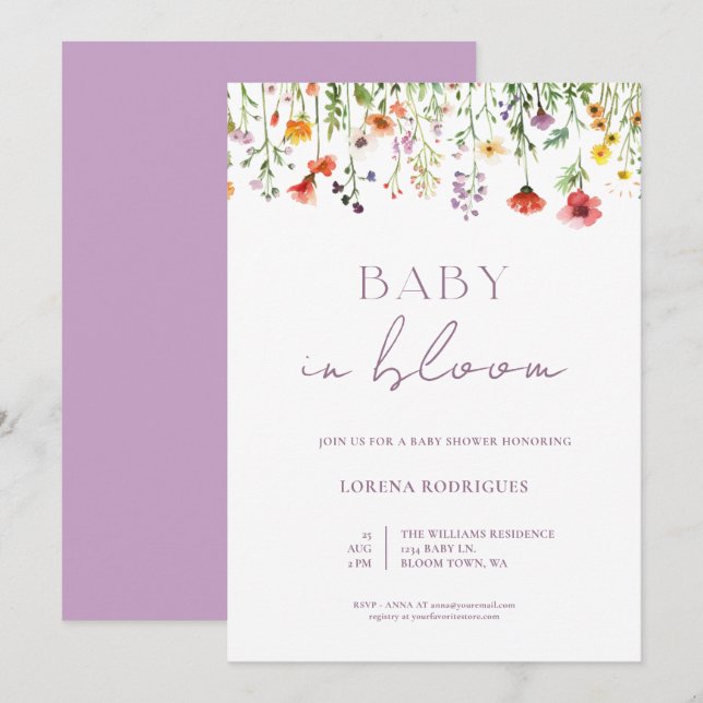 Invitación Agua de Lavanda Flor silvestre bebé en flor (Anverso / Reverso)