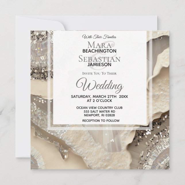 Invitación *~*AGUA DE PLATA DE Mármol gris RSVP QR AR66 Boda (Anverso)