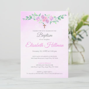 Invitación Agua de Rosa Rosa Ombre Acuarela Cruz Bautizo Eleg