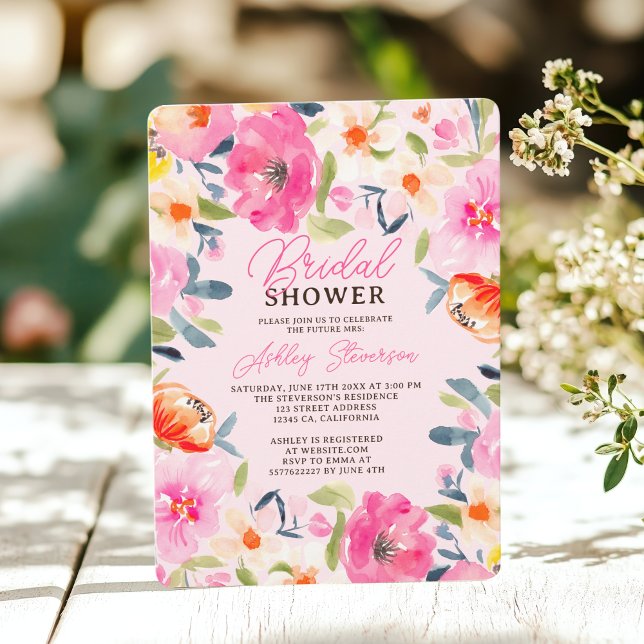Invitación Agua de verano Boho Floral rosa Ducha de novia (Boho Summer Watercolor Pink Floral Bridal Shower Invitation)