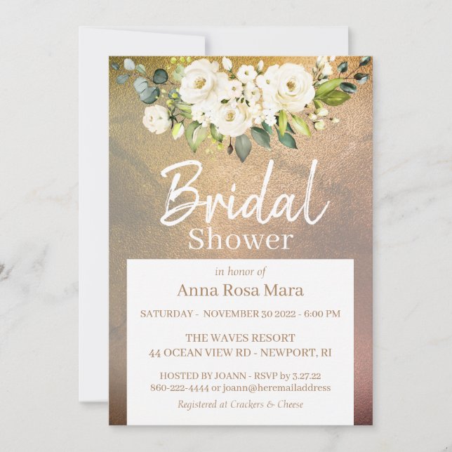 Invitación *~* Agua dorada Rosa blanca ducha de novia (Anverso)