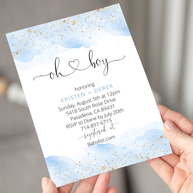 Invitación Agua dorada y azul Oh Boy Baby Shower (Subido por el creador)