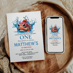 Invitación Agua dulce Azul Pescado 1er cumpleaños