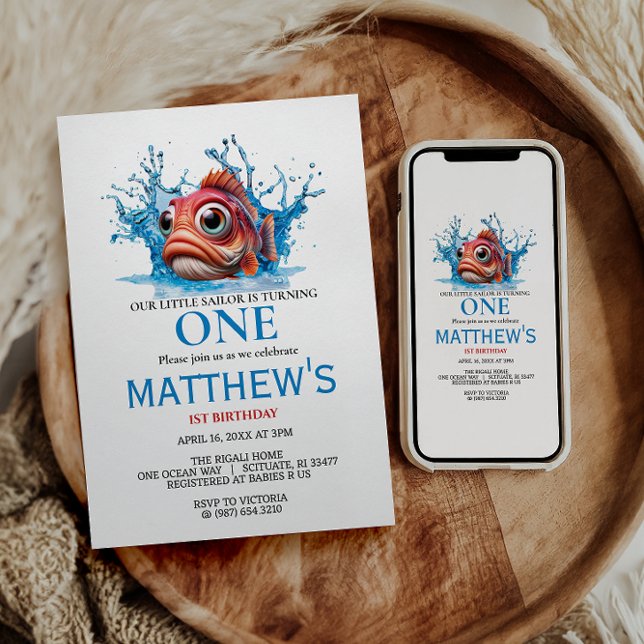 Invitación Agua dulce Azul Pescado 1er cumpleaños (Subido por el creador)