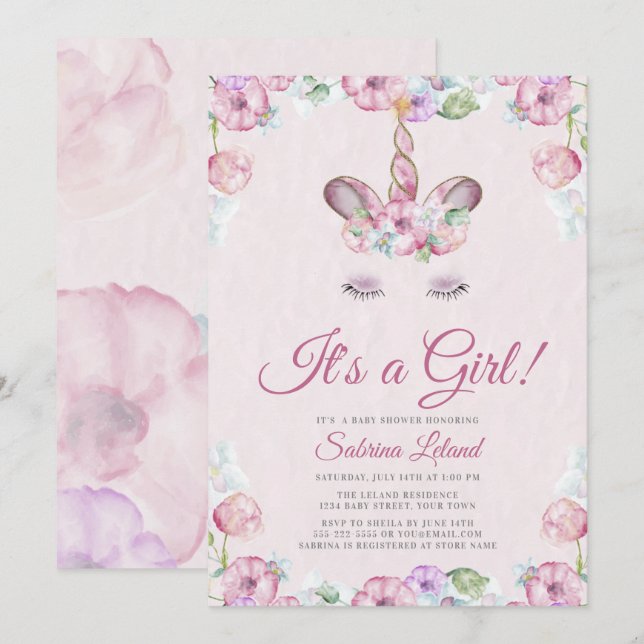 Invitación Agua dulce unicornio es un Baby Shower Chica (Anverso / Reverso)