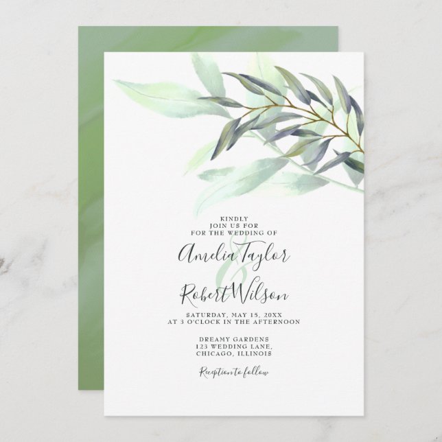 Invitación Agua Eucalipto Verde (Anverso / Reverso)