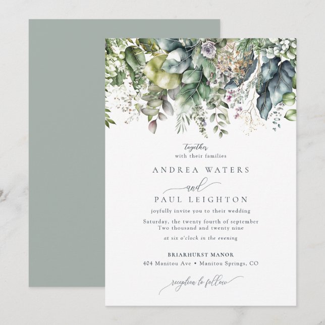 Invitación Agua Eucalyptus Greeneration | Boda botánico (Anverso / Reverso)