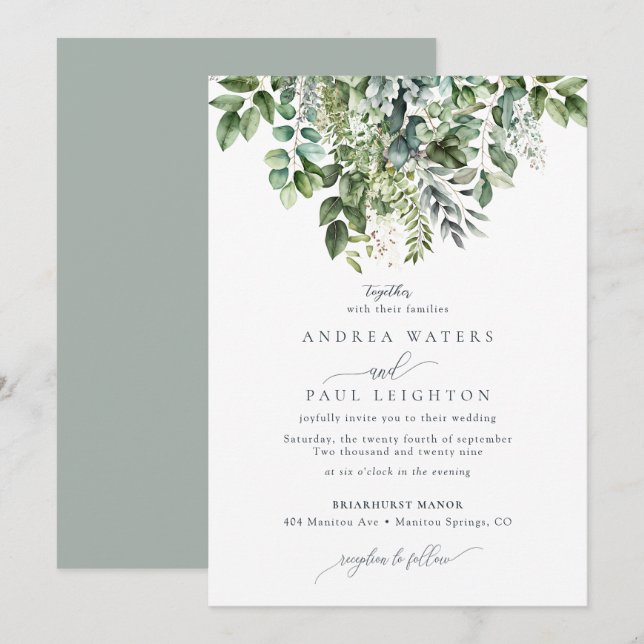 Invitación Agua Eucalyptus Greeneration | Boda botánico (Anverso / Reverso)